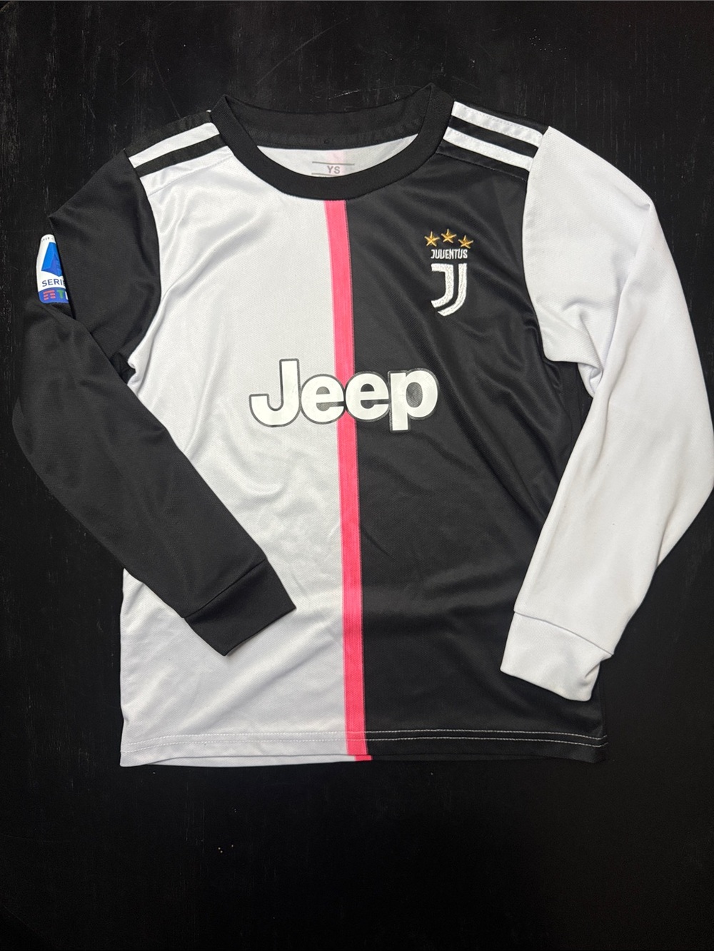 Ronaldo #7 Kids Long-Sleeve Jersey - Black, White & Pink size YS